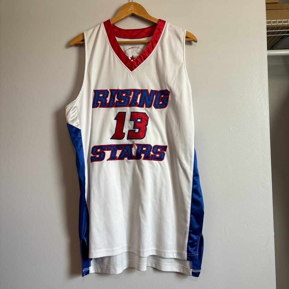 White Basketball Jersey with Red and Blue Accents
